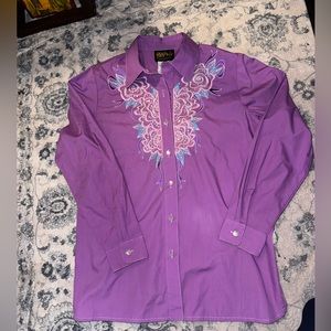 Bob Mackie Wearable Art Embellished Purple Button Down Top Sz S